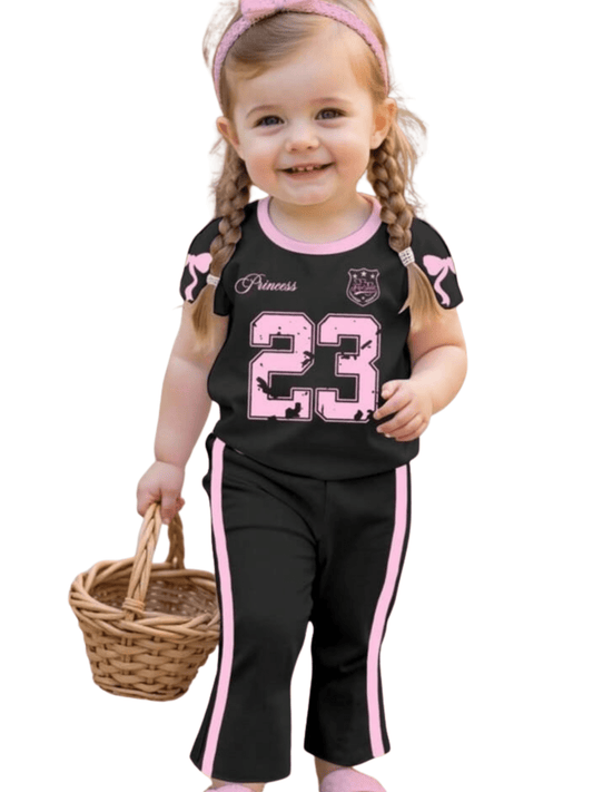 Baby & Kids Girl Black 23 Printed T-shirt & Flared Pant Set - Childrengoods