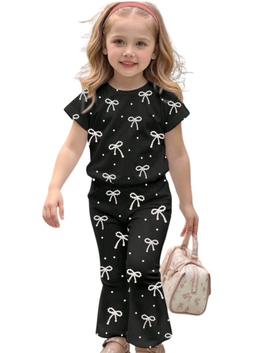 Baby & Kids Girl Black Bow Printed T-shirt & Flared Pant Set - Childrengoods