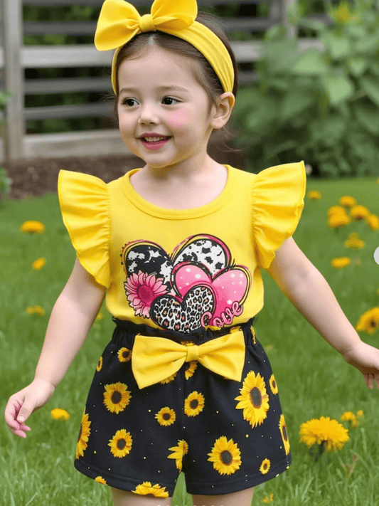 Baby & Kids Girl Yellow Love Printed T-shirt & Shorts Pant Set - Childrengoods