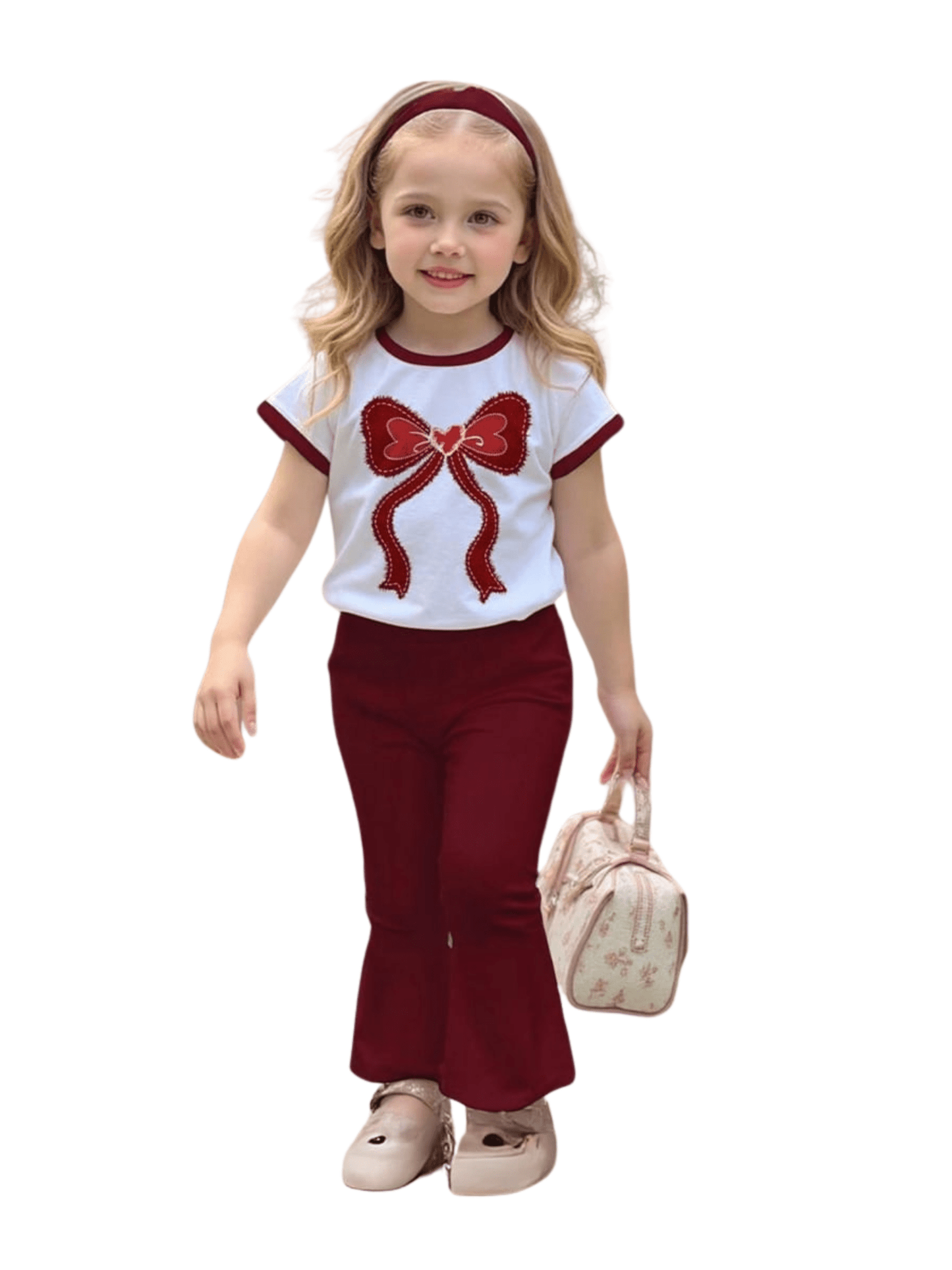 Baby & Kids Girl White Bow Printed T-shirt & Flared Pant Set - Childrengoods